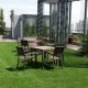 View of tables and chairs on a rooftop patio.