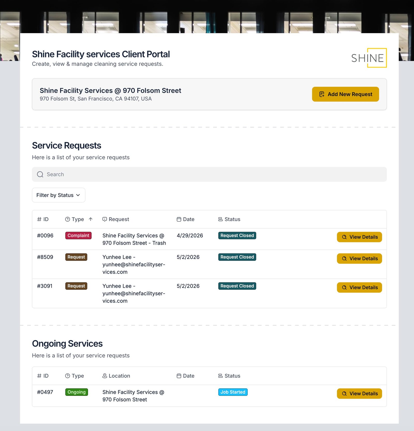 Shine Client Portal dashboard showing service requests, complaint logged, status tracking, and ongoing job